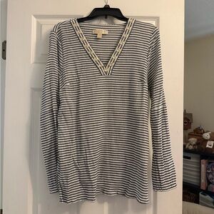 Michael Kors Navy and White Striped V-Neck Top